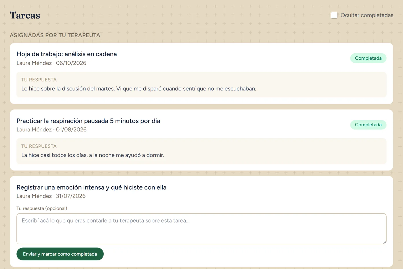 Las tareas que asigna la terapeuta, con las respuestas del paciente (datos de ejemplo)